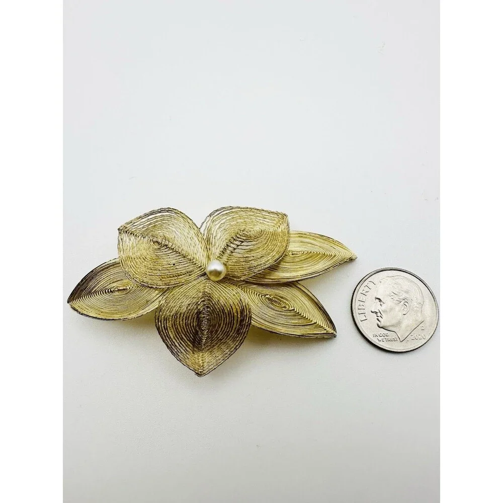 Germany Vintage 50's Spun Wire Flower Brooch Filigree Faux Pearl